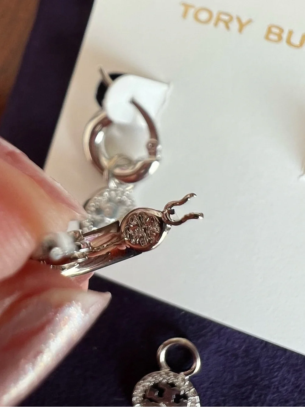 Tory Burch Logo Huggies Silver Mini Hoop Drop Earrings